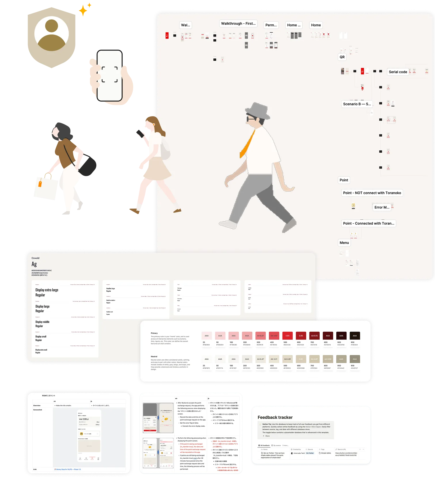 Aruitoku design system and developer handoff including Figma flows, typography, color palette, and component documentation