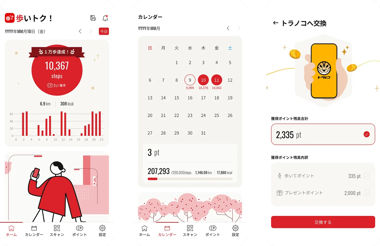 Aruitoku app screens showing the daily step dashboard, calendar view, and point exchange flow