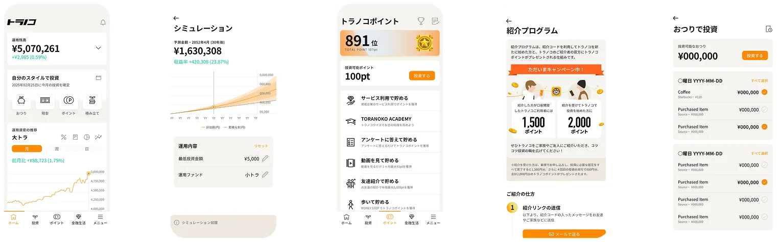Toranoko redesigned app screens showing modern dashboard, investment flow, points, and referral program