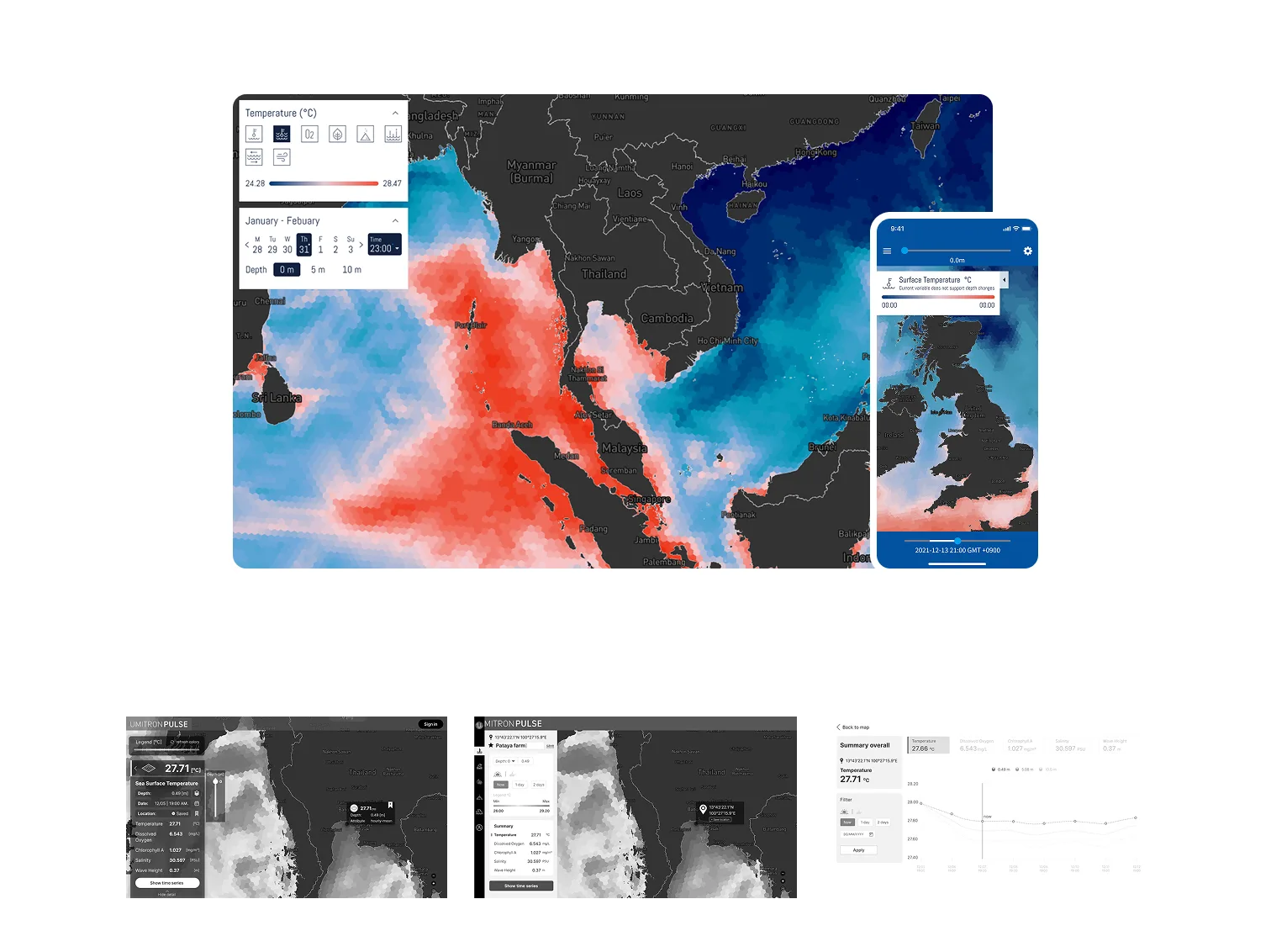 UMITRON PULSE redesign — satellite ocean temperature map on web and mobile, with previous design comparison
